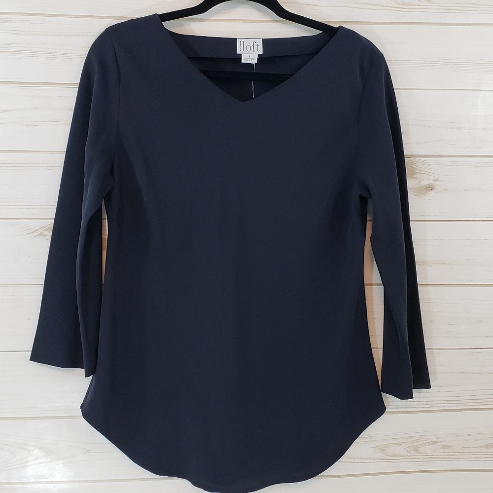 Loft Navy Blue 100% Silk Top